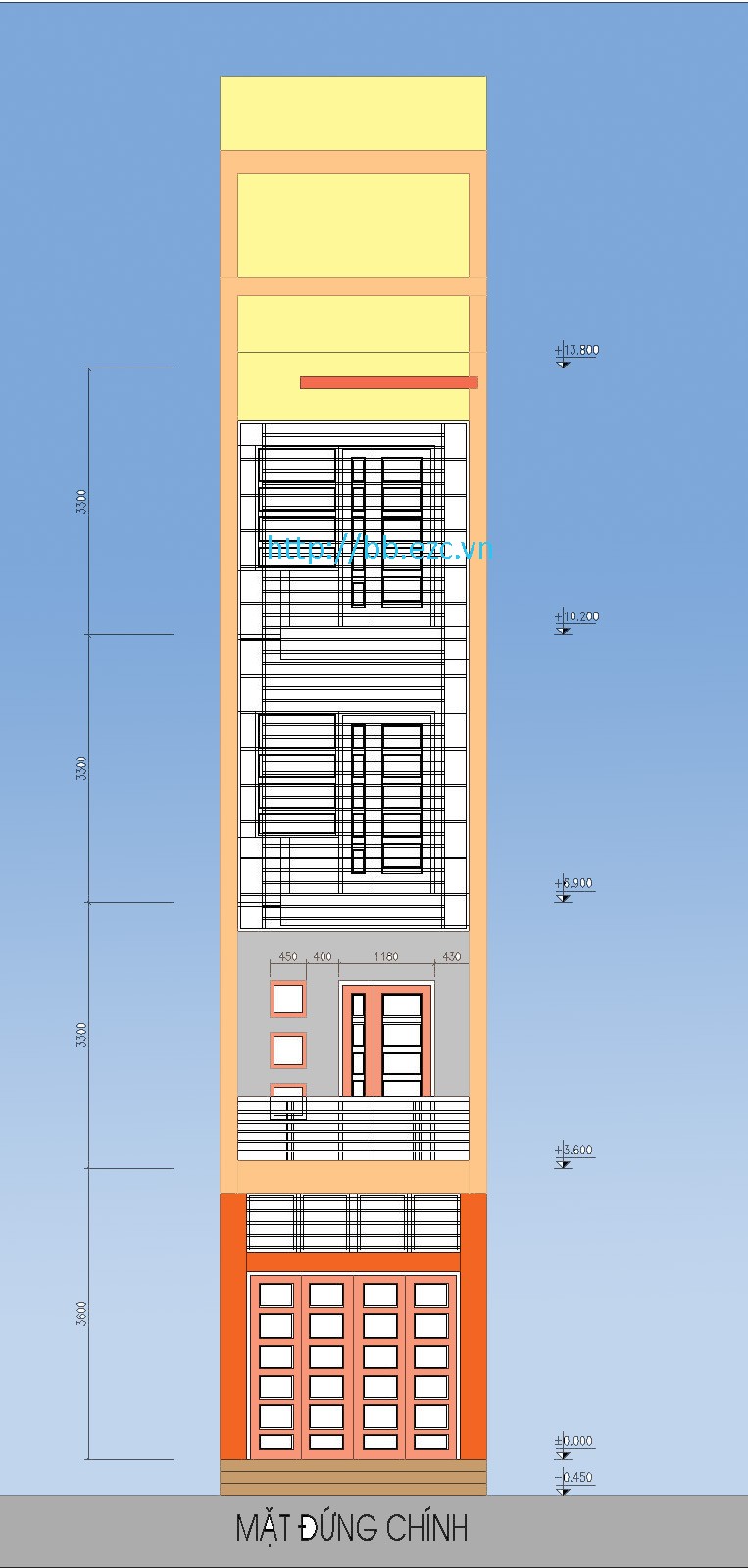Nhà ống / nhà phố 3.3x12.7m - Mặt đứng chính